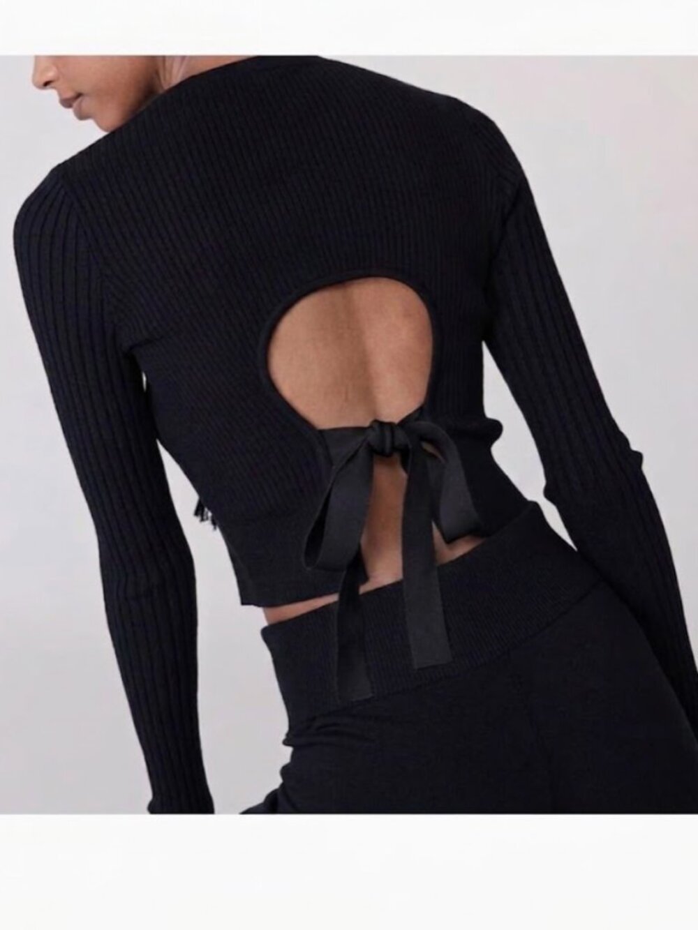 Live the Process Ribbed Knit Back Tie Athleisure Sweater Black Size Medium